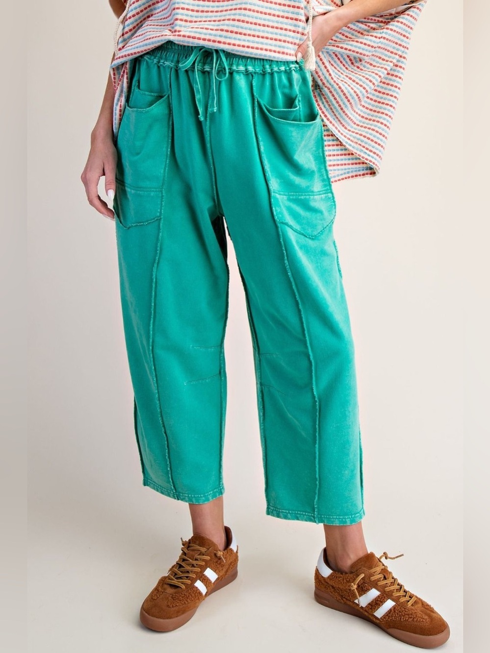 Easel Eryn Mineral Washed Terry Knit Barrel Leg Pants Atlantis Green size large